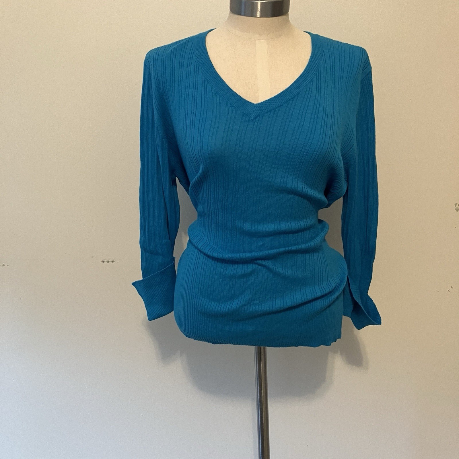 VTG Y2K Women’s Ribbed Teal Blue Sz.3x Cotton V-neck Tee Long Slim 90s Preppy