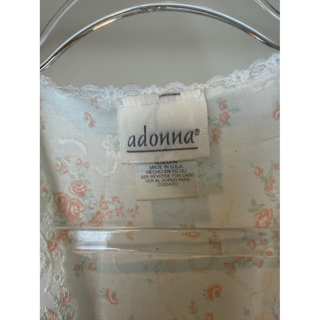 Vintage Adonna White Nightgown with Peach Floral Print and Pintuck Yoke – 80s