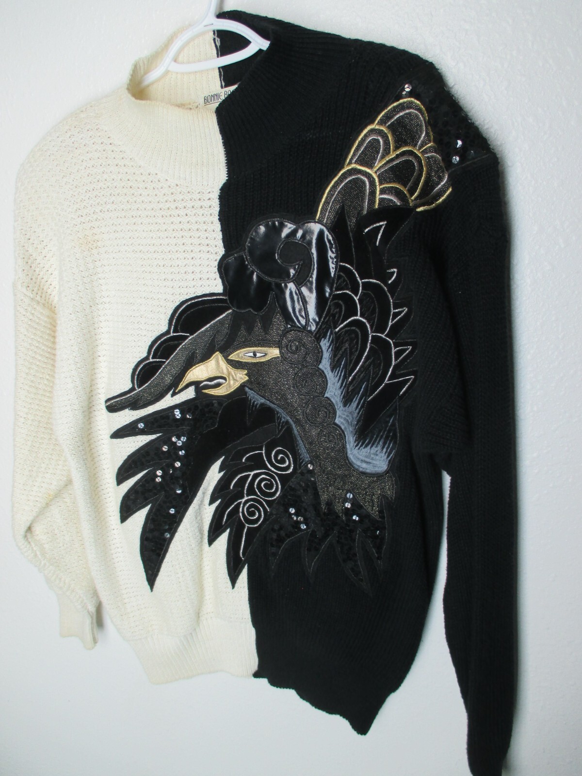 Vtg Bonnie Boerer Pret Novelty Sweater Black White Dragon Bird Applique Deco EUC
