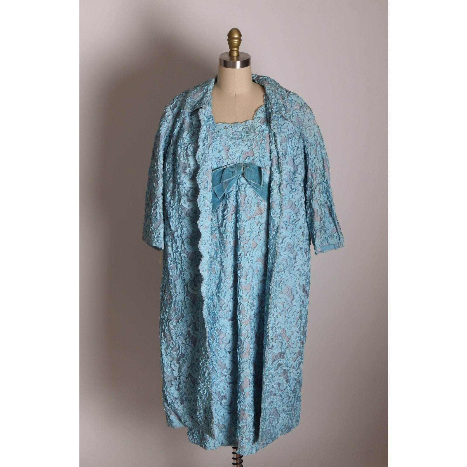 Early 1960s Blue Soutache Lace Formal Blue Velvet Bow Dress with Matching Jacket