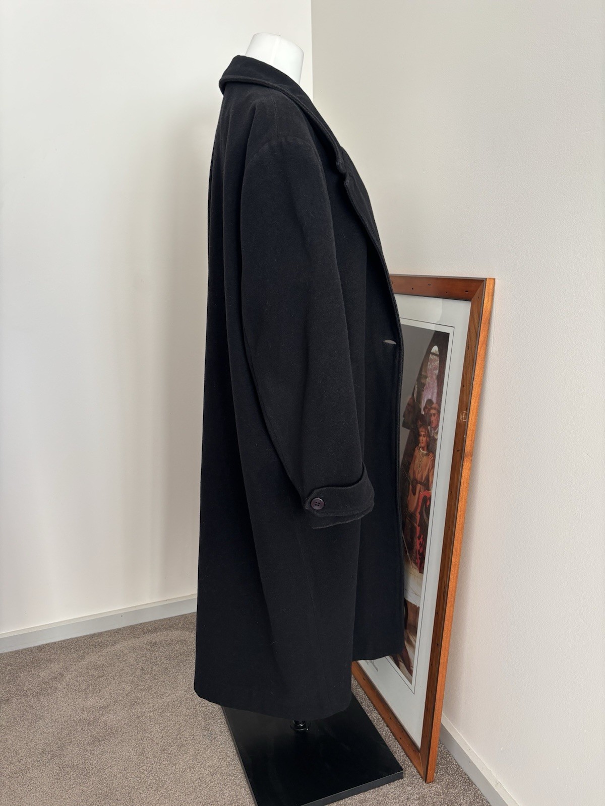 Vintage Riki Nathan Black Wool Cashmere Blend Longline Trench Coat M/L Business