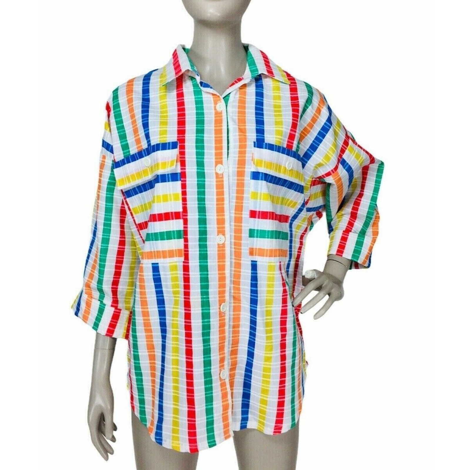 Vintage 60s 70s Jon Woods Rainbow Striped Collared Button-Down Shirt Medium