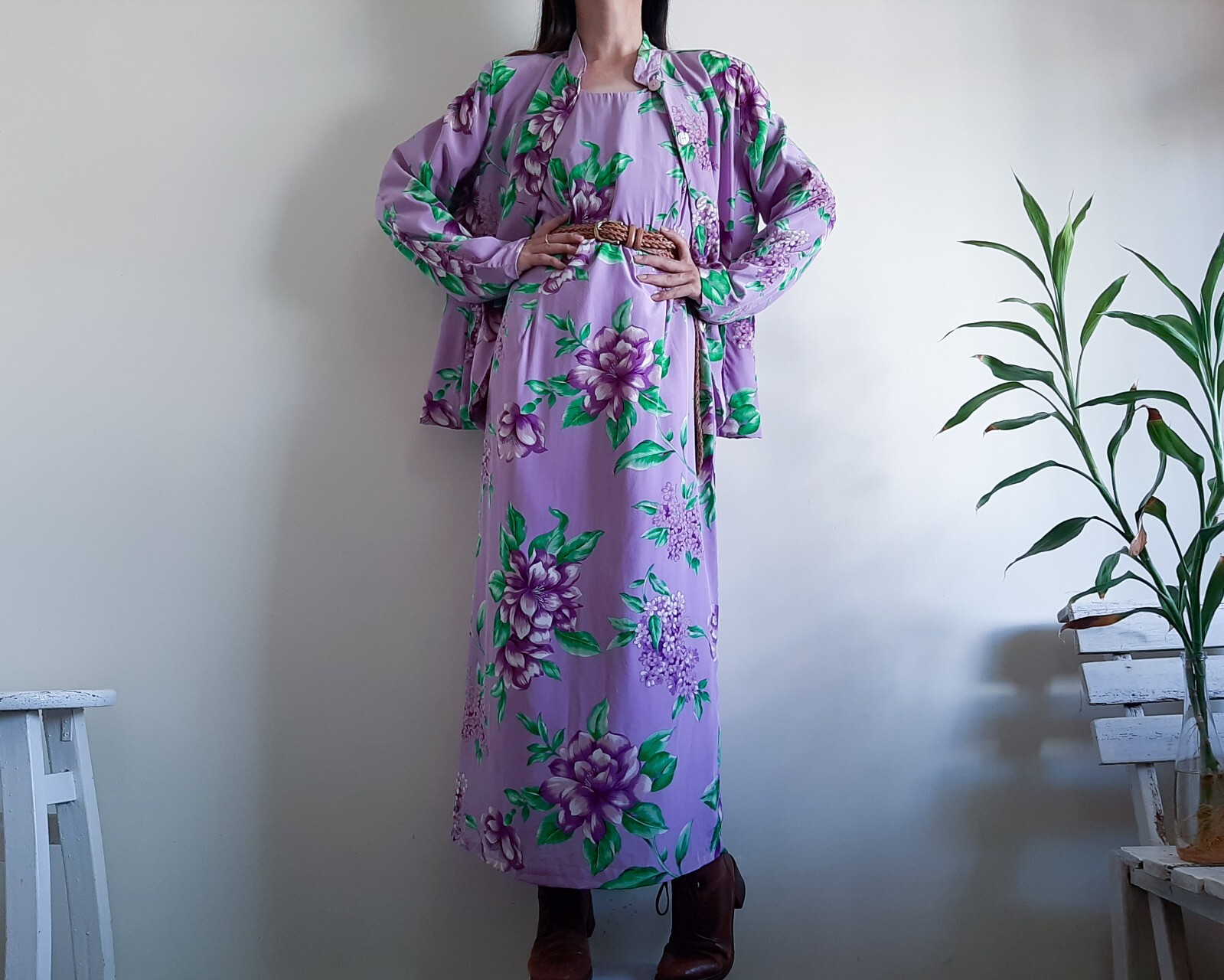 METRO STYLE Purple Floral 100% Silk Dress Jacket Set 2 Piece set Size 16 Size XL