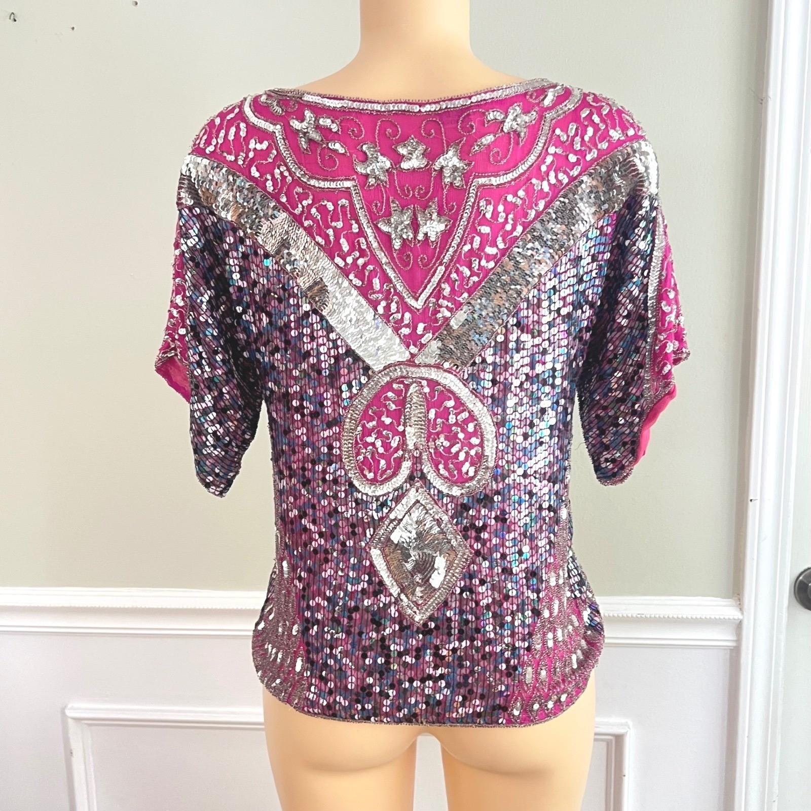 Vintage Sequin Top Women Medium Pink Silver Beaded Silk 80s Glam Disco Party
