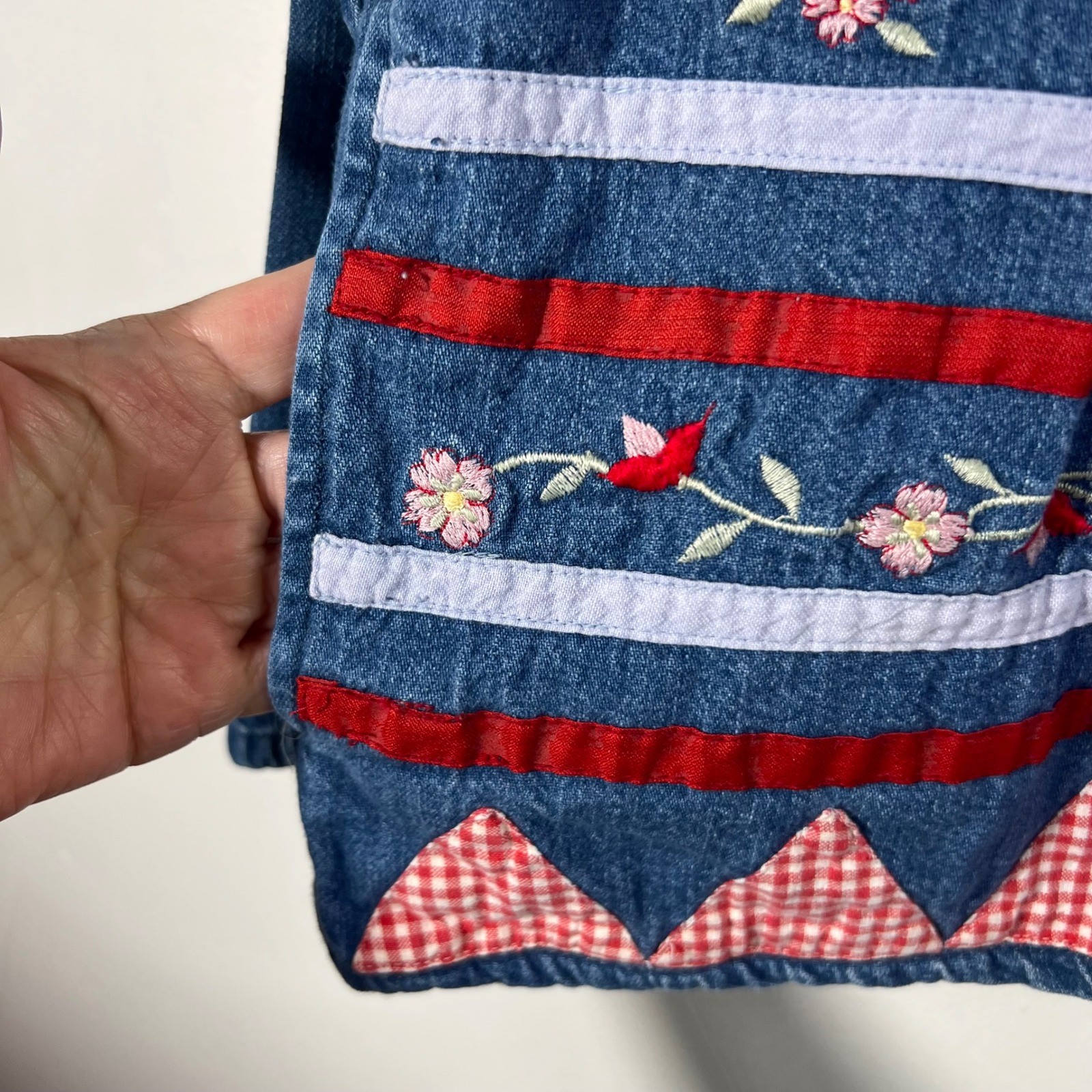 Womens Vintage Nectar Floral Embroidered Denim Button Jacket Cotton L Blue