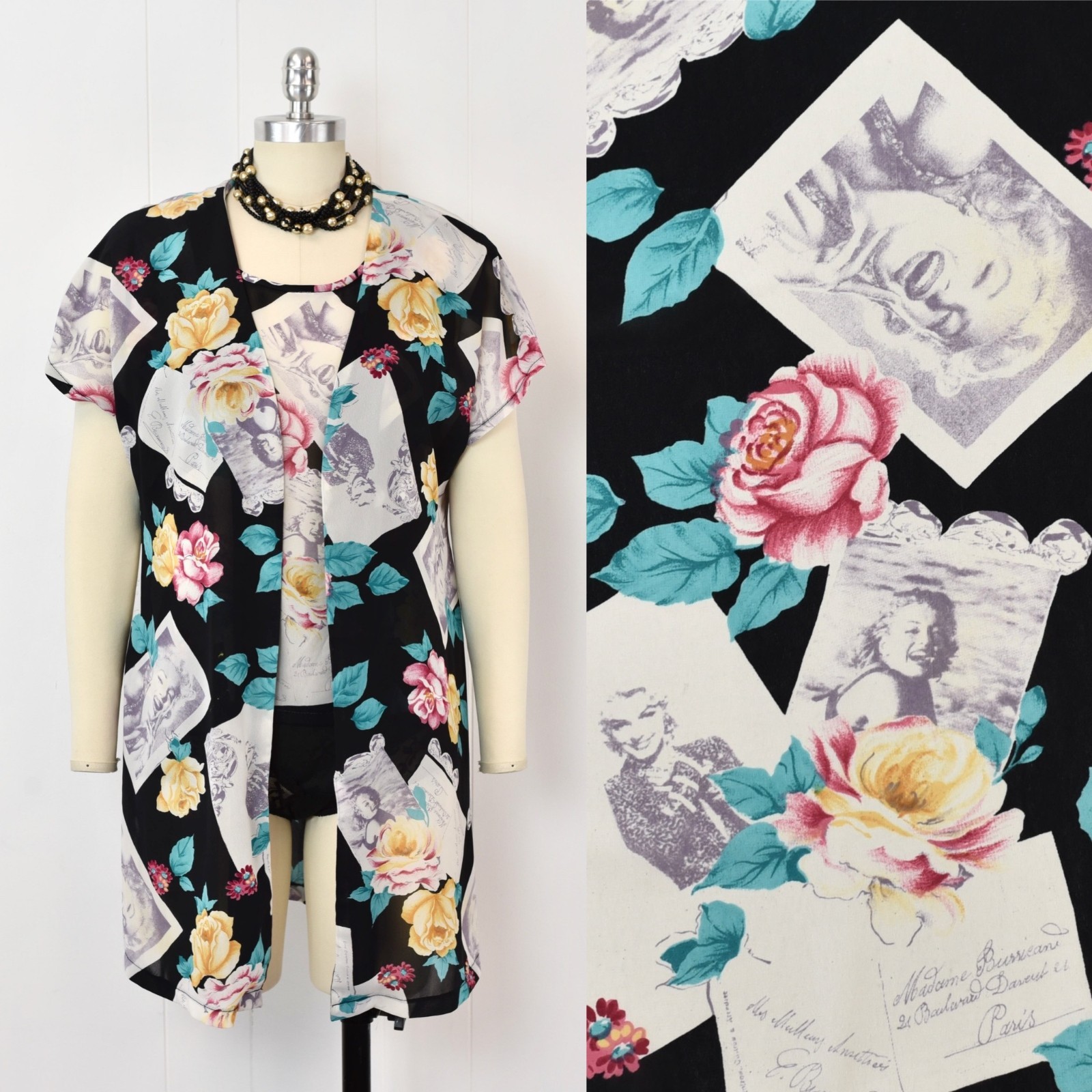 Vintage Marilyn Monroe Novelty Print Floral Black Sheer Lingerie Top Robe Set