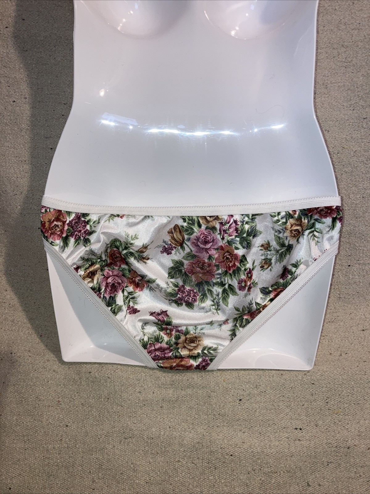 Vintage Petra Rose Garden Print Nylon Satin White Pink Green Panties