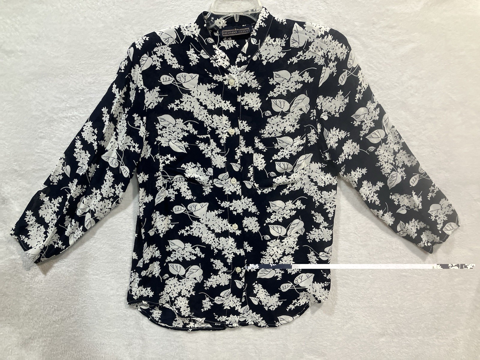 Herman Geist Vintage 1980s Floral Blouse Navy And White Size 8