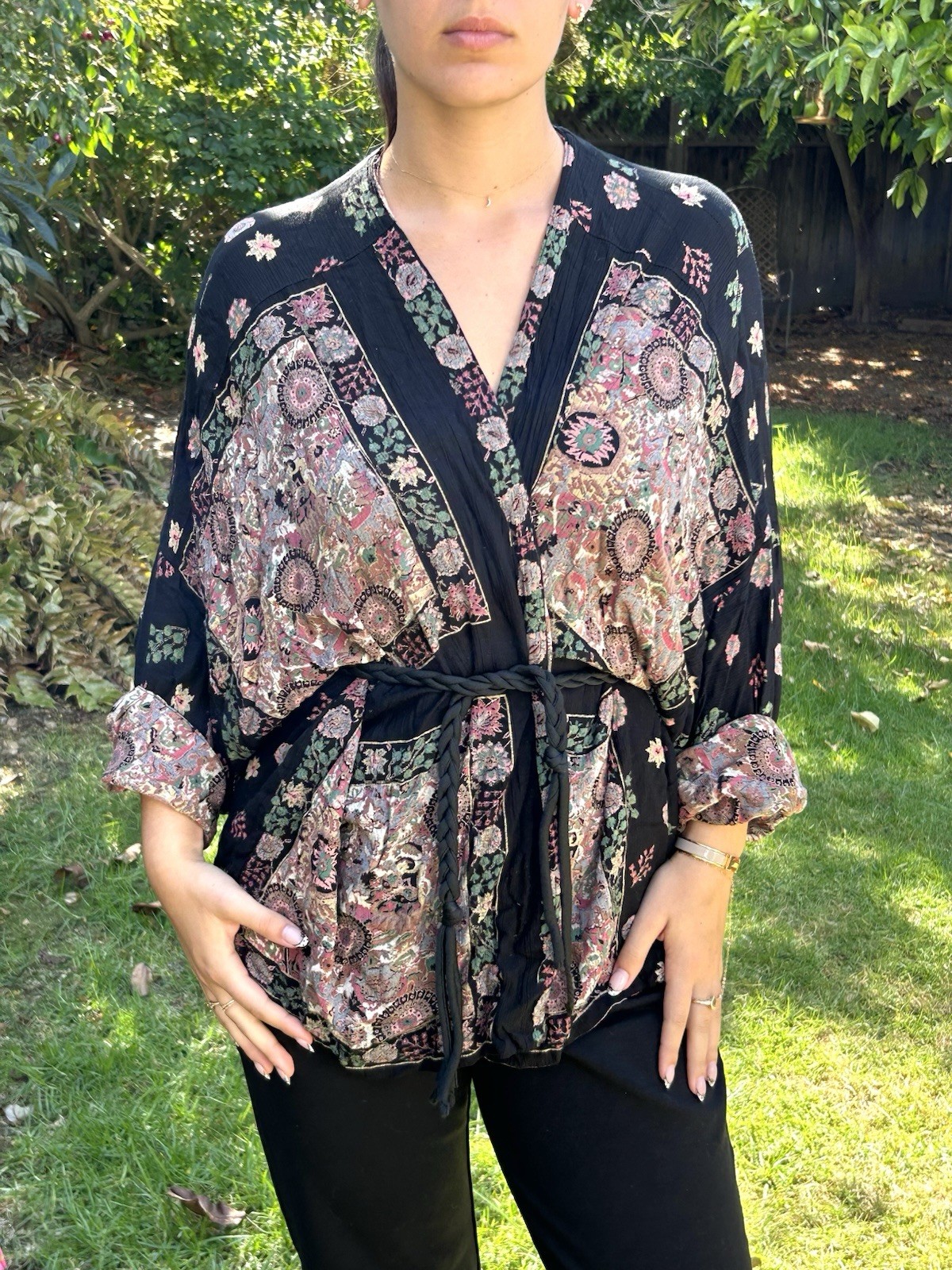 Platinum By Dorothy Schoelen O/S Boho Open Front Jacket Floral Art To Wear