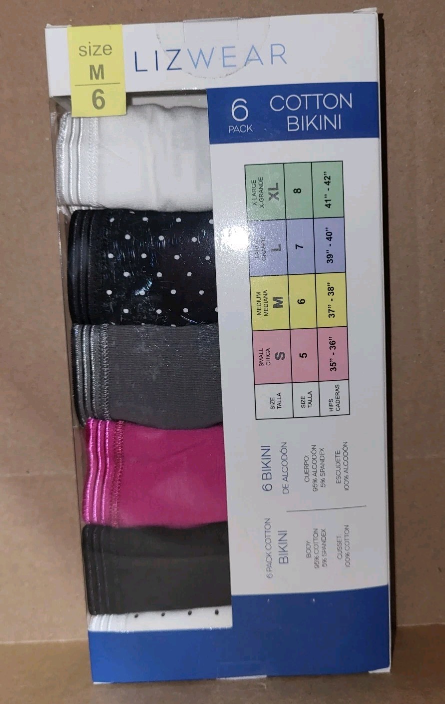 Lizwear 6 Pack Modern Styling Bikini Panty White Dot Size Medium 6