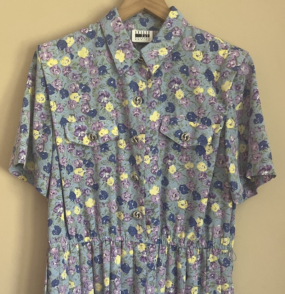 Vintage Shirt Dress Floral Print 16 16P Secretary Leslie Fay Grandma 1990s Y2K