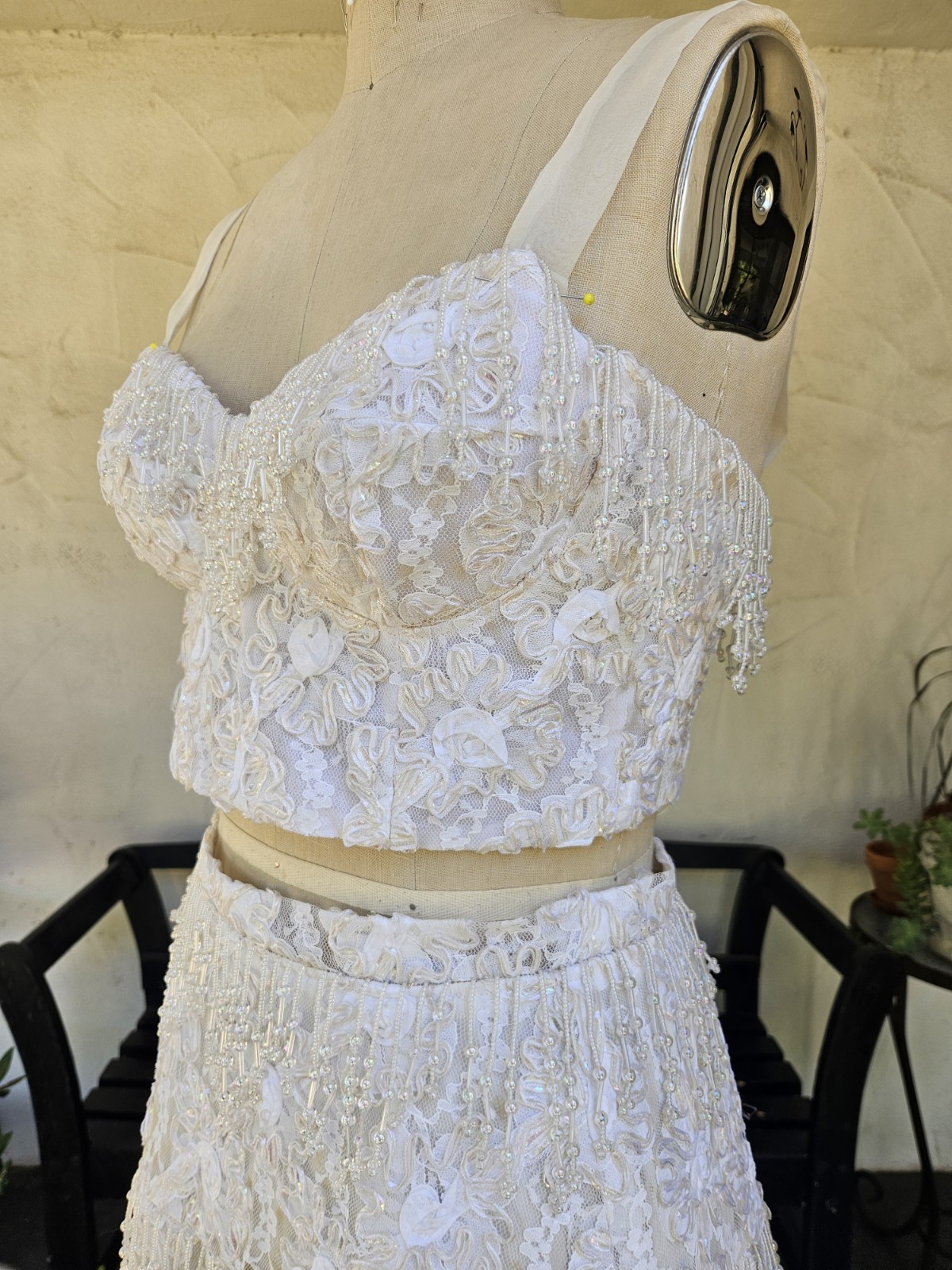Vintage 1980s 2 Pic Wedding Dress Beaded Fringe Lace Bridal Bustier And Skirt L