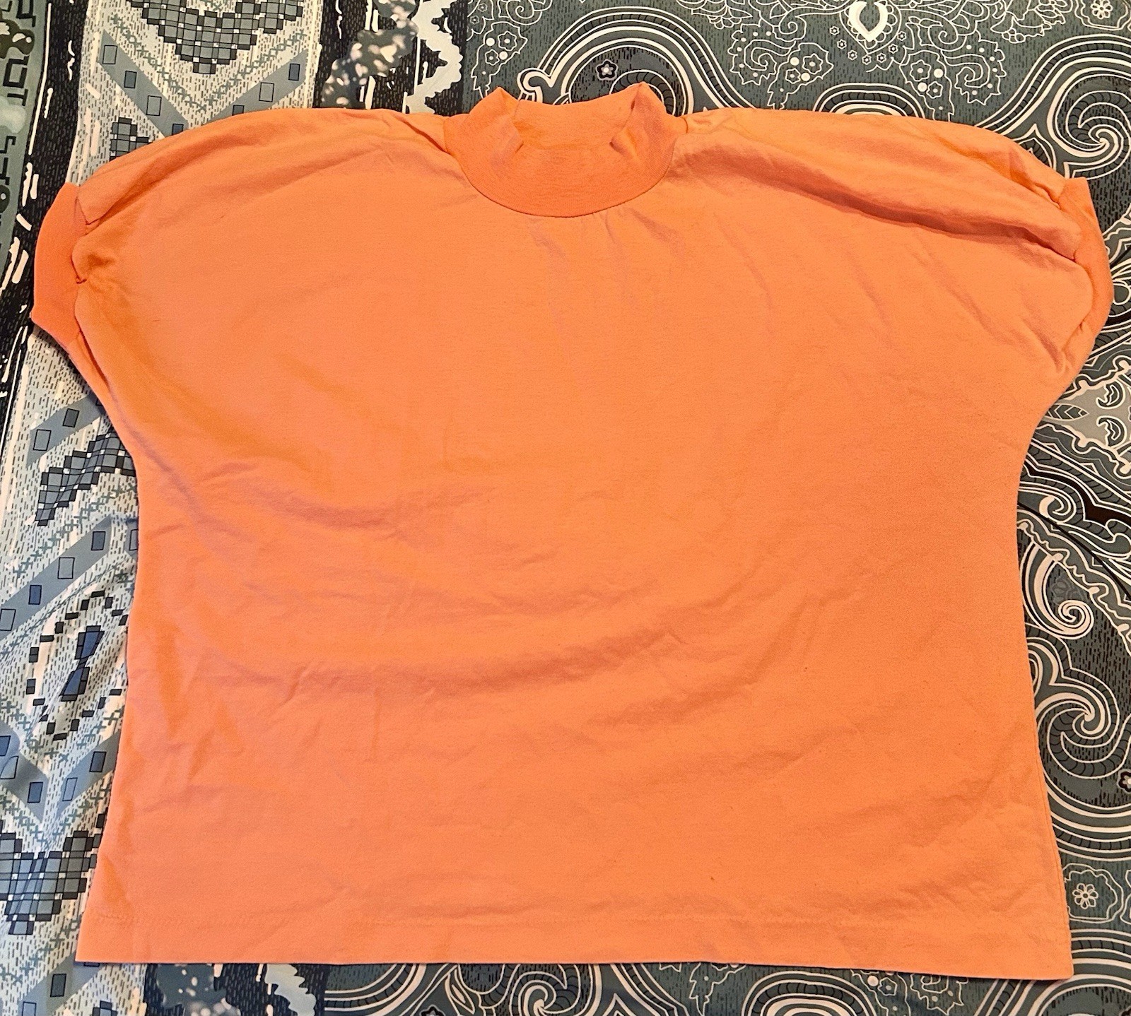 VTG 80’s Mock Turtle Neck Short Cap Sleeve T-Shirt Peach Single Stitch W’s L USA