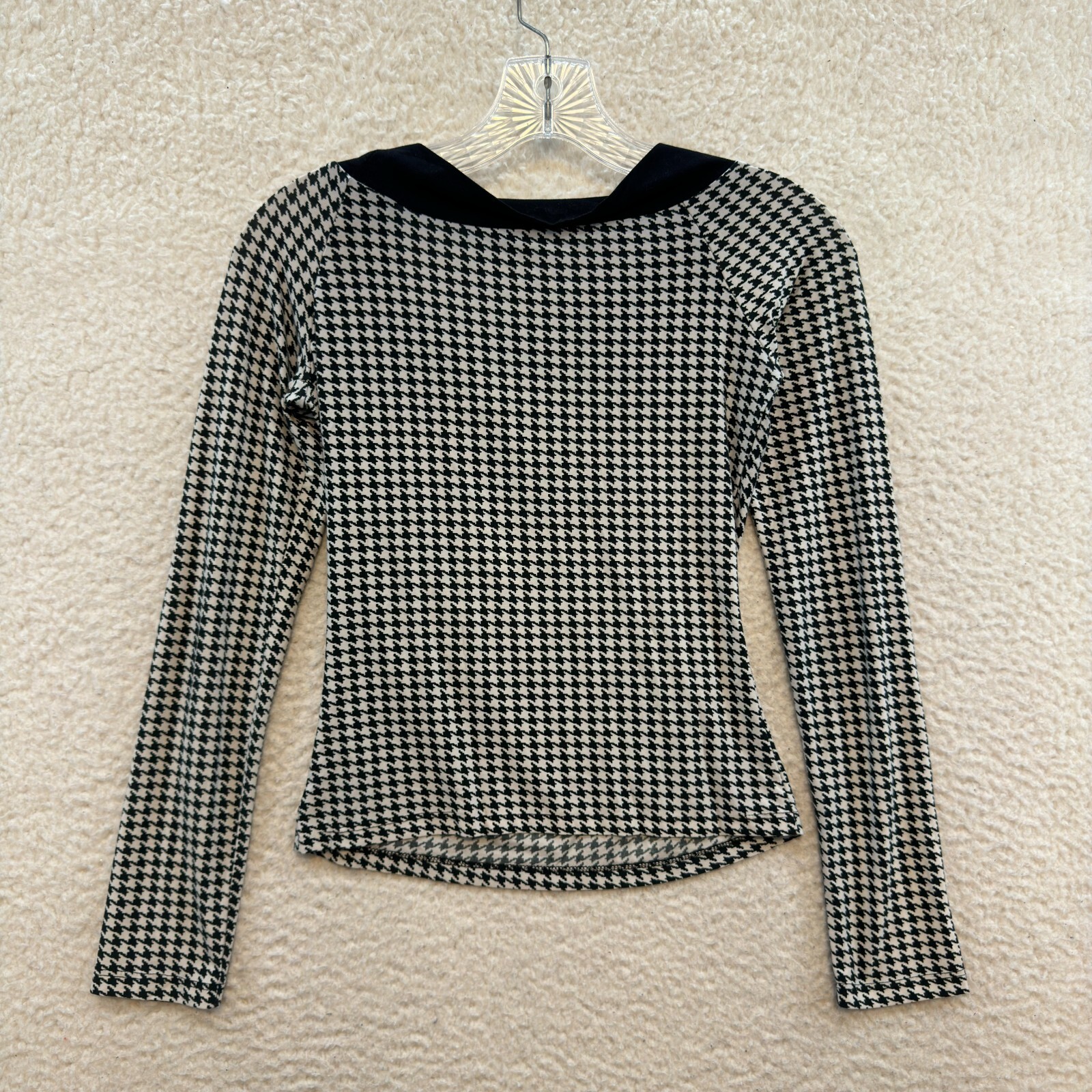 Y2K Vintatge Top S Small Black White Slinky Stretch Houndstooth Preppy Corpcore