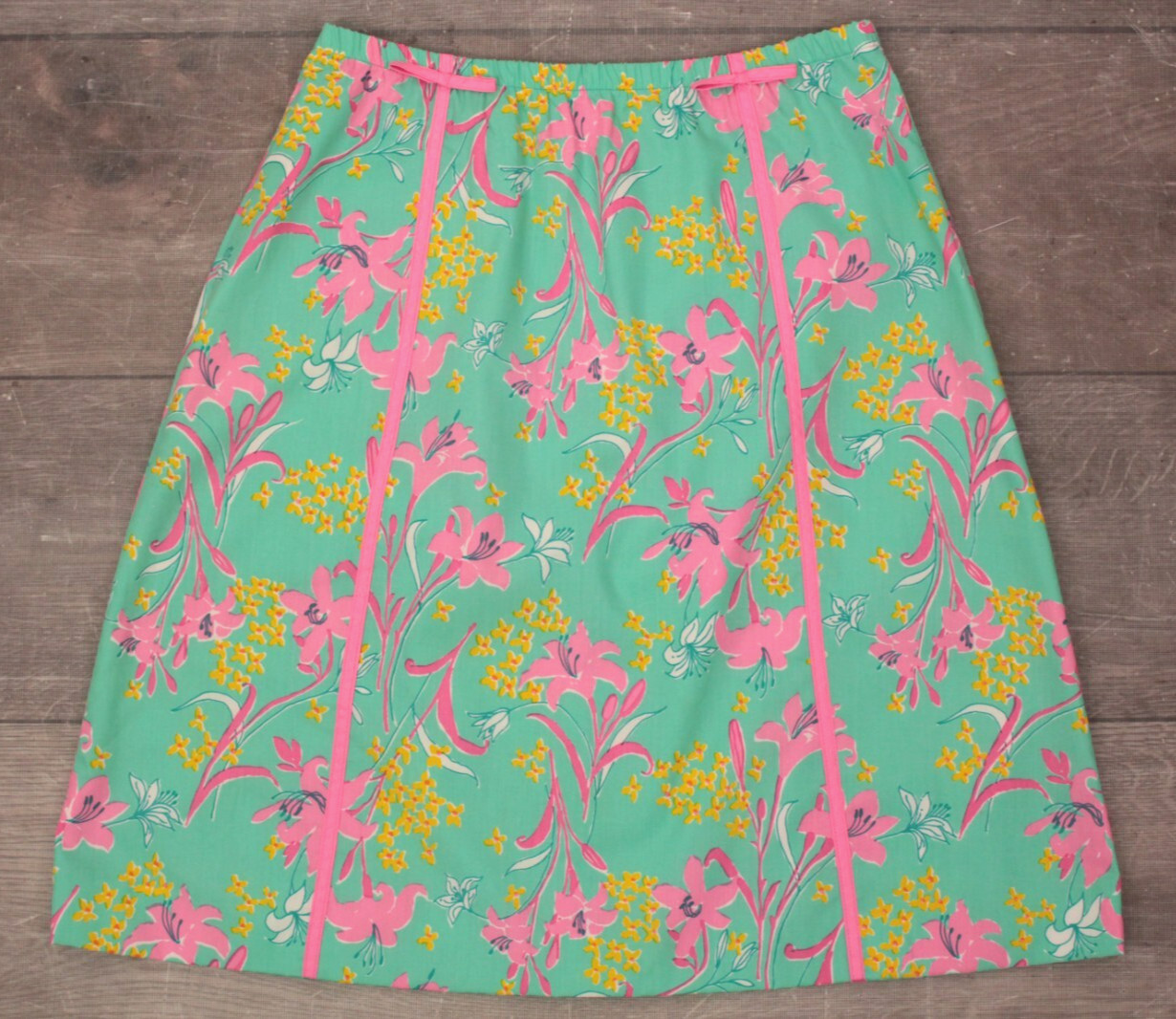 VTG Women’s 60s Teal & Pink Bow Trim Floral Print Lilly Pulitzer Skirt M/L 1960s