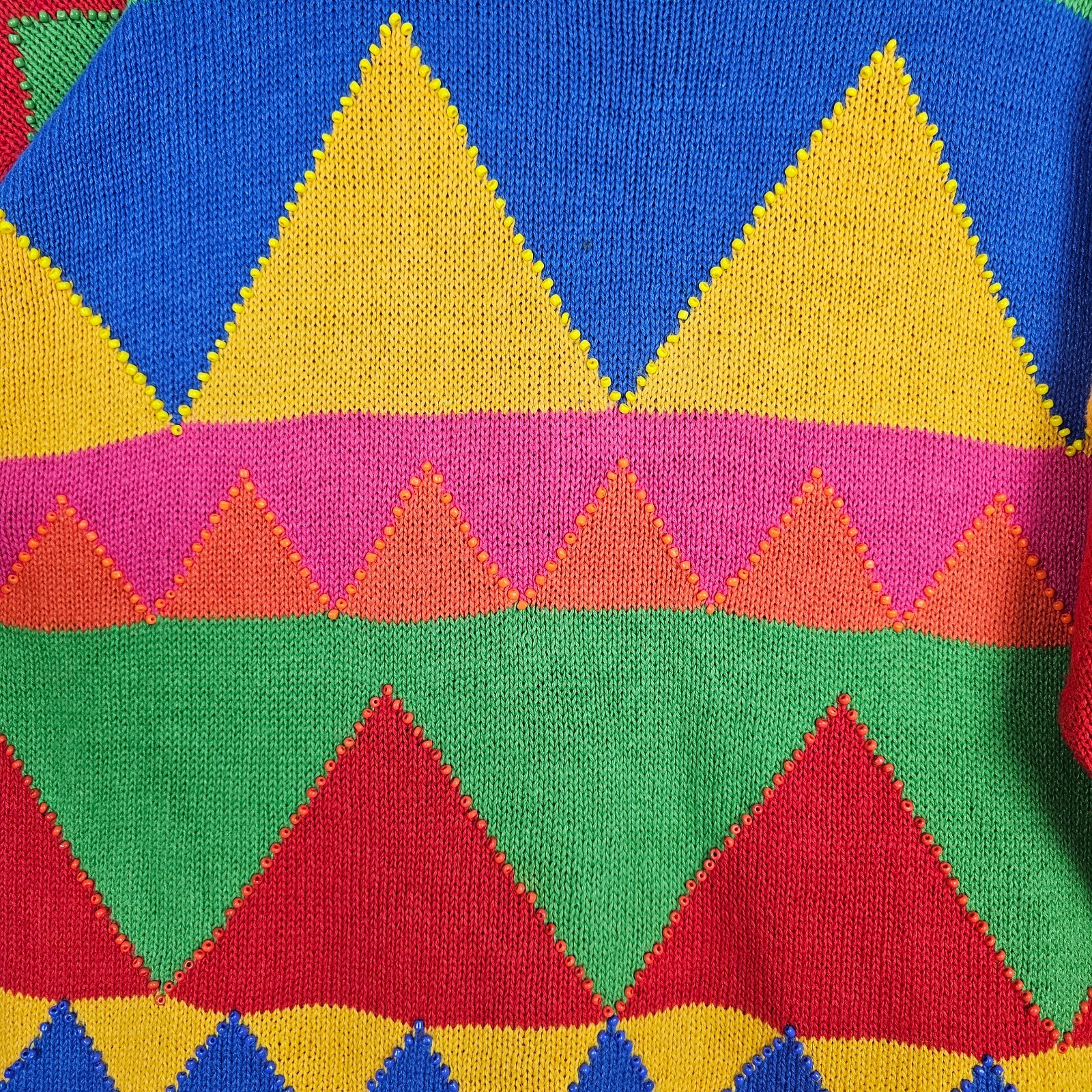 Vintage 80s Womens Sweater Large Red Hip Hop Colorblock Beaded Geometric Cotton