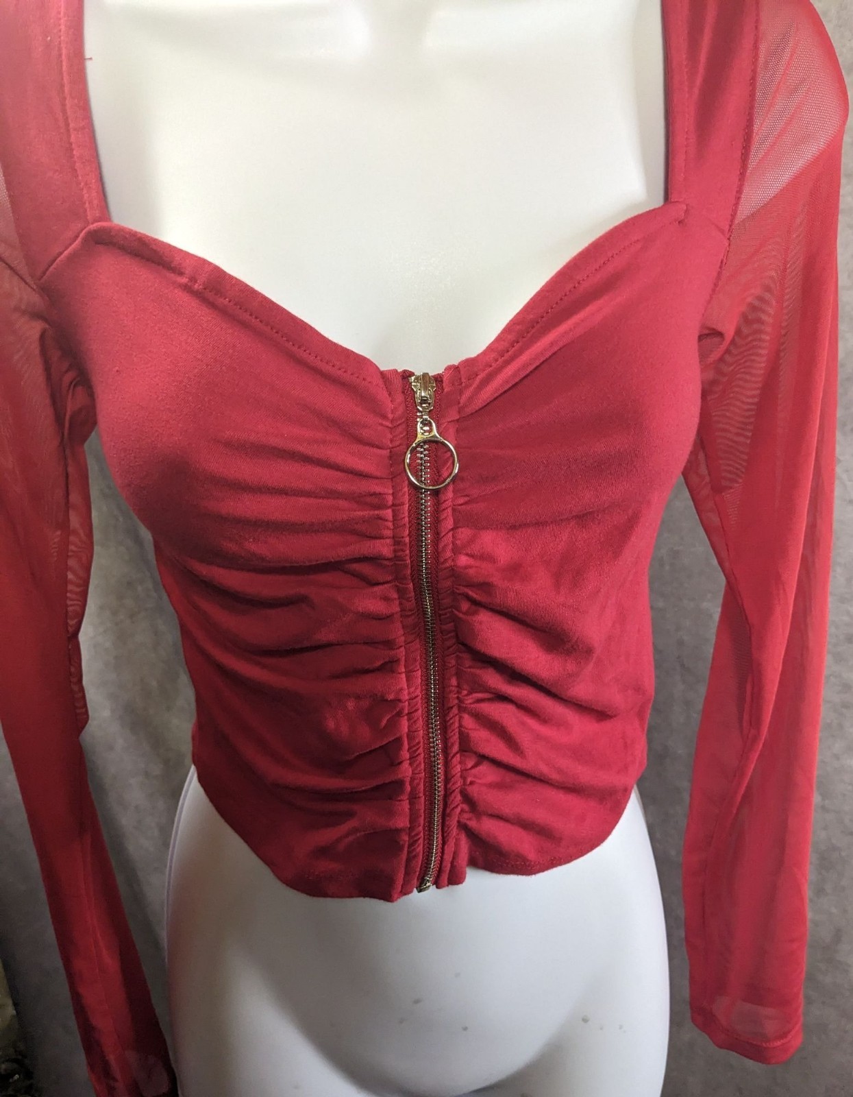 Vintage 90s Ambiance Red Long Sleeve Top With Mesh Sleeves & Gold Zip Front