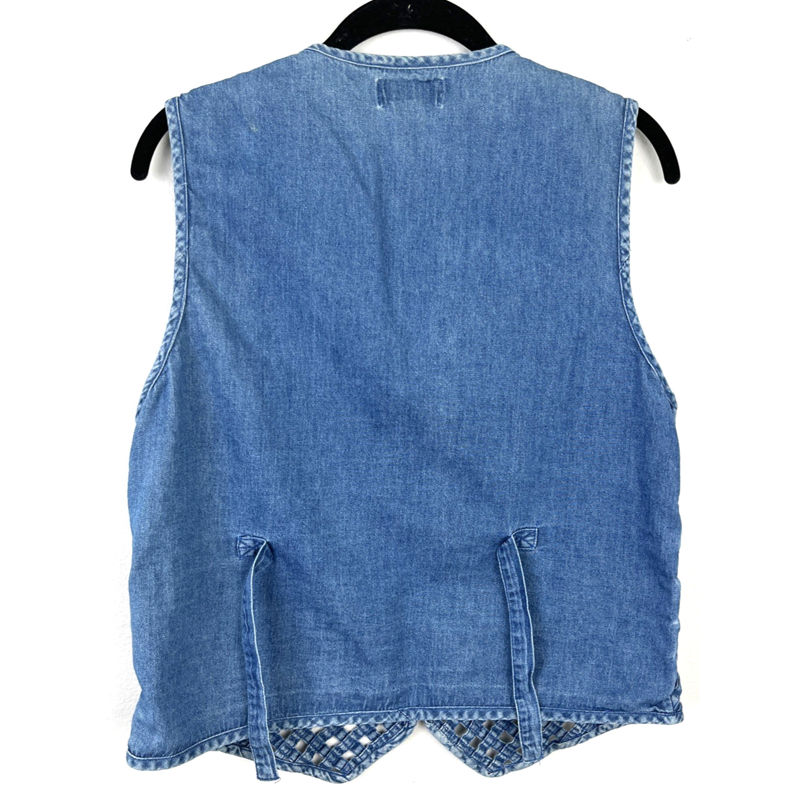 Vintage Woven Lattice Denim Vest Wood Toggle Button Boho Cowgirl Cottagecore M
