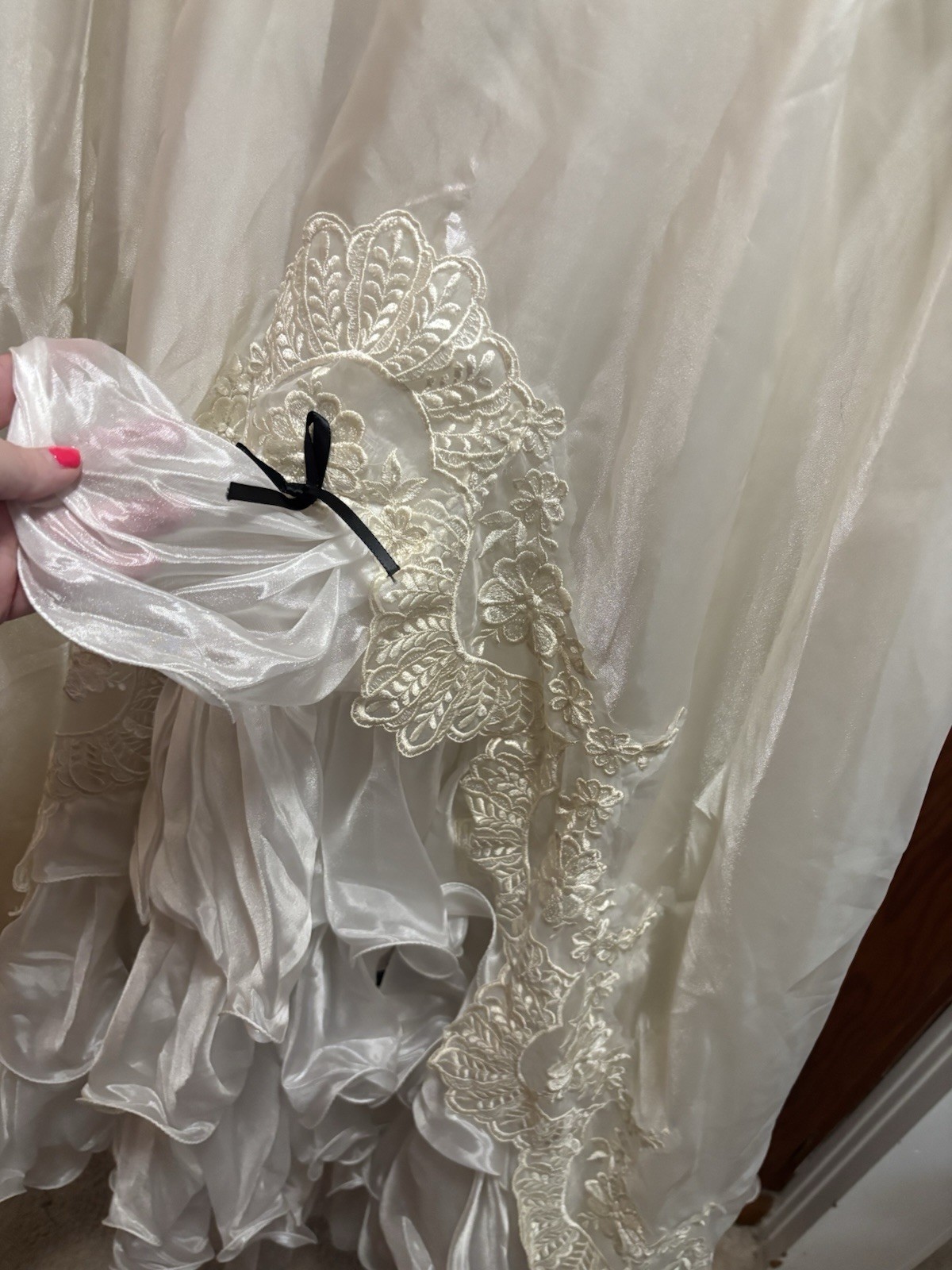 Vintage Size 8 Wedding Gown With Ruffled Sleeves, Tiered Skirt, Black Ribbons