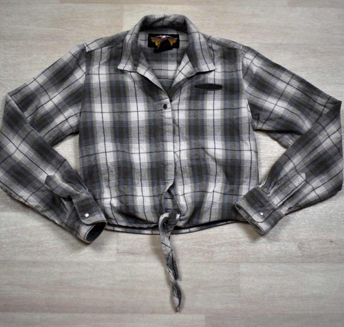 Y2K Harley Davidson Womens Flannel Plaid Crop Top Tie Front Biker Core Small VTG