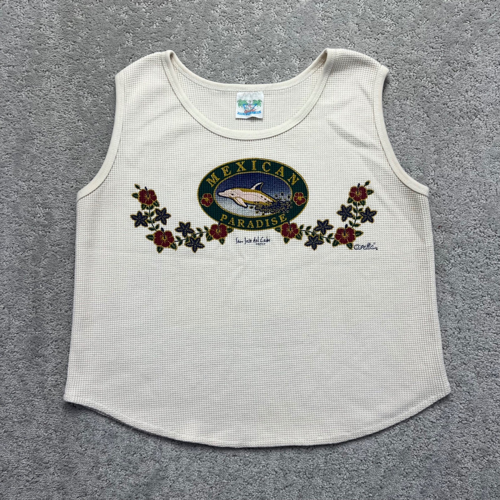 VINTAGE Mexican Paradise Tank Top Womens Large Cream Waffle Knit Souvenir Travel