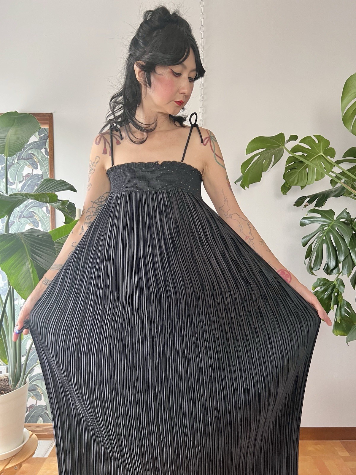 1980s Jeanne Marc Black Permanent Pleated Maxi Dress Spaghetti Strap M