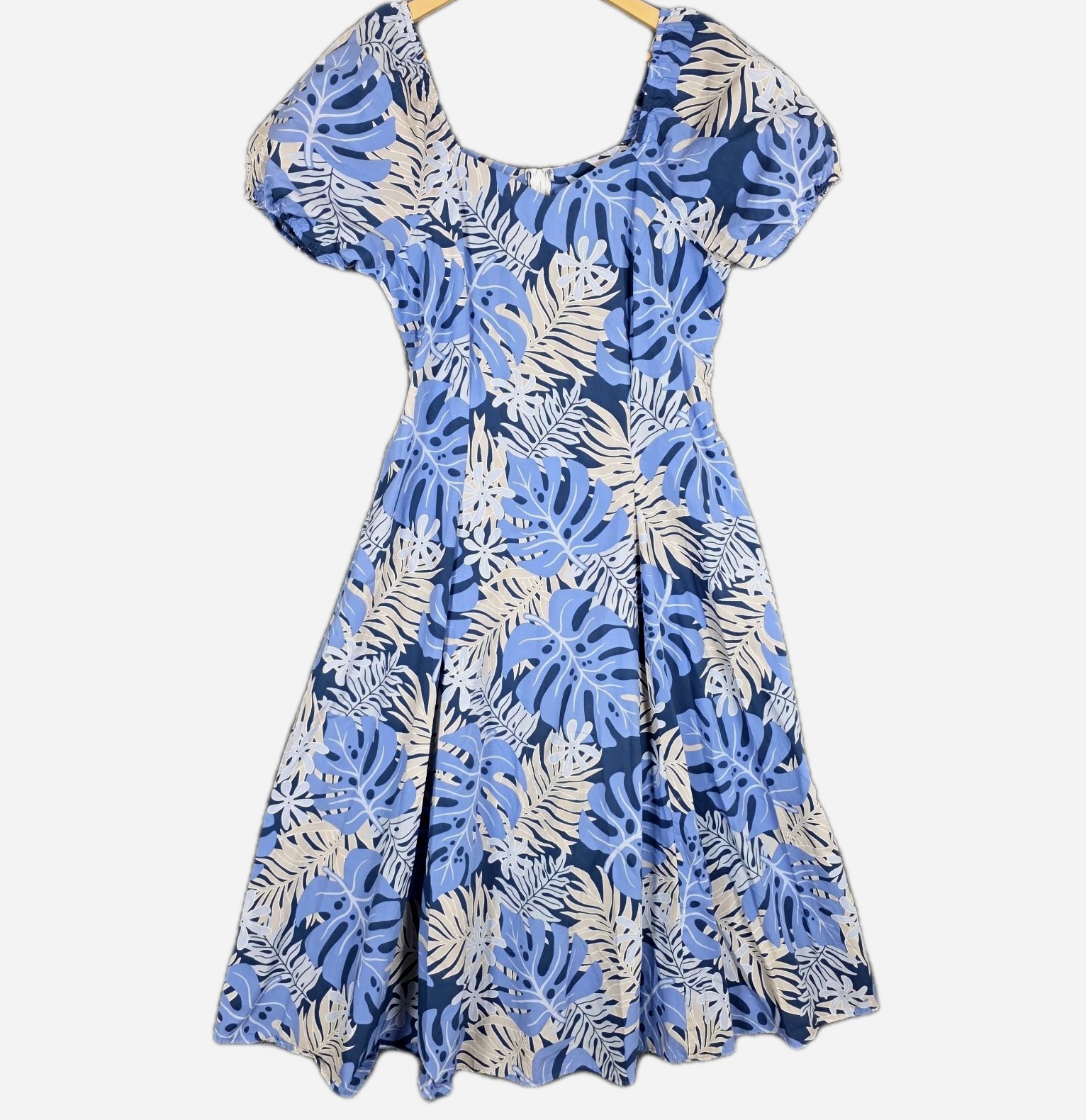 Vintage Hawaiian Togs Dress L Blue Tropical Floral Maxi Puff Sleeve Luau USA 70s