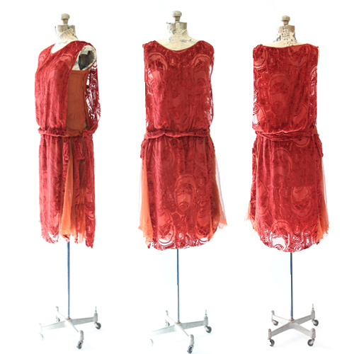 Vintage 20s orange SILK velvet Art deco Flapper drop waist cocktail party dress