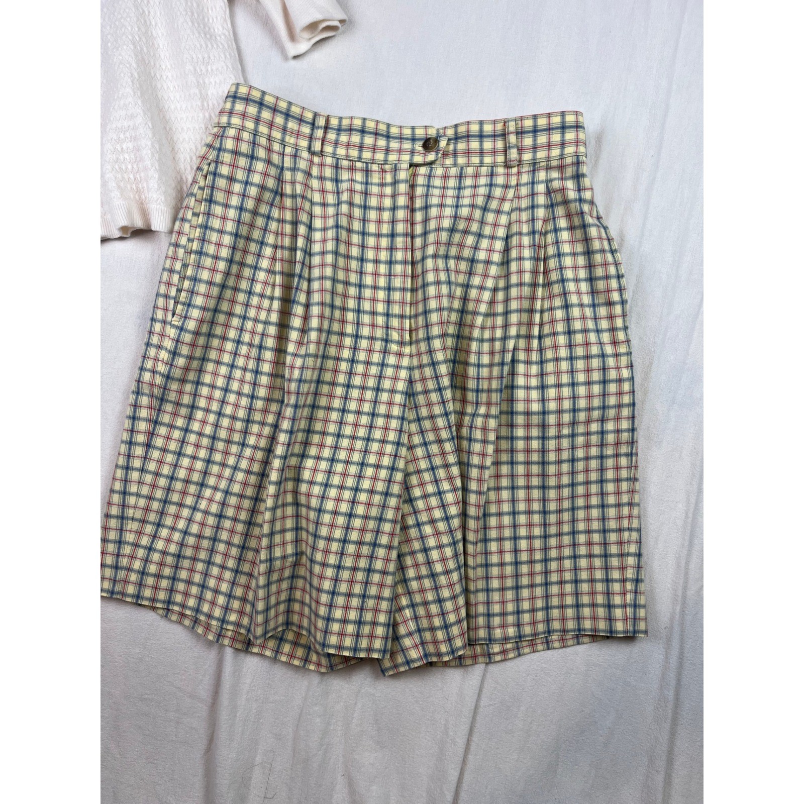David Brooks Vintage Plaid High Waisted Pleated Shorts Yellow Blue Red Size 8