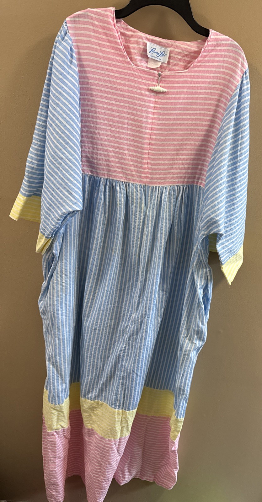 XL Leisure Life Housecoat Robe Color Block, 1/4 Zip Beach Front 70s Granny