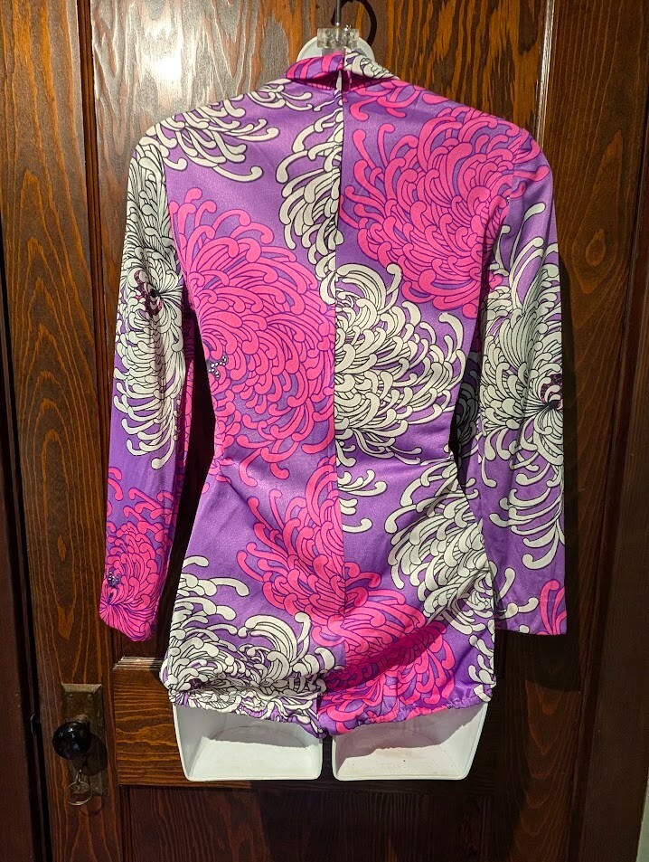 VTG 60S/70S BODYSUIT S leotard onepiece top purple pink crysanthemum mod gogo 4E