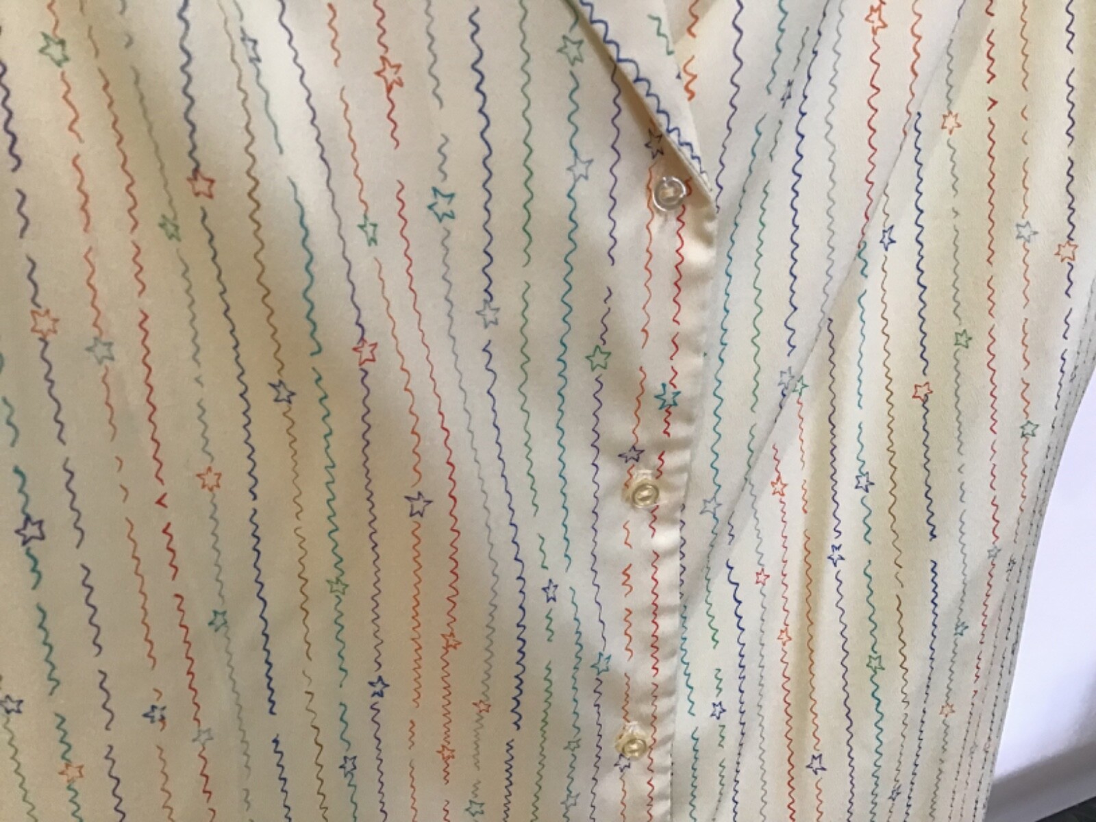 Vintage 70’s LANGTRY Polyester Lemon Chiffon Blouse w/ Stars & ZigZags Size 9/10