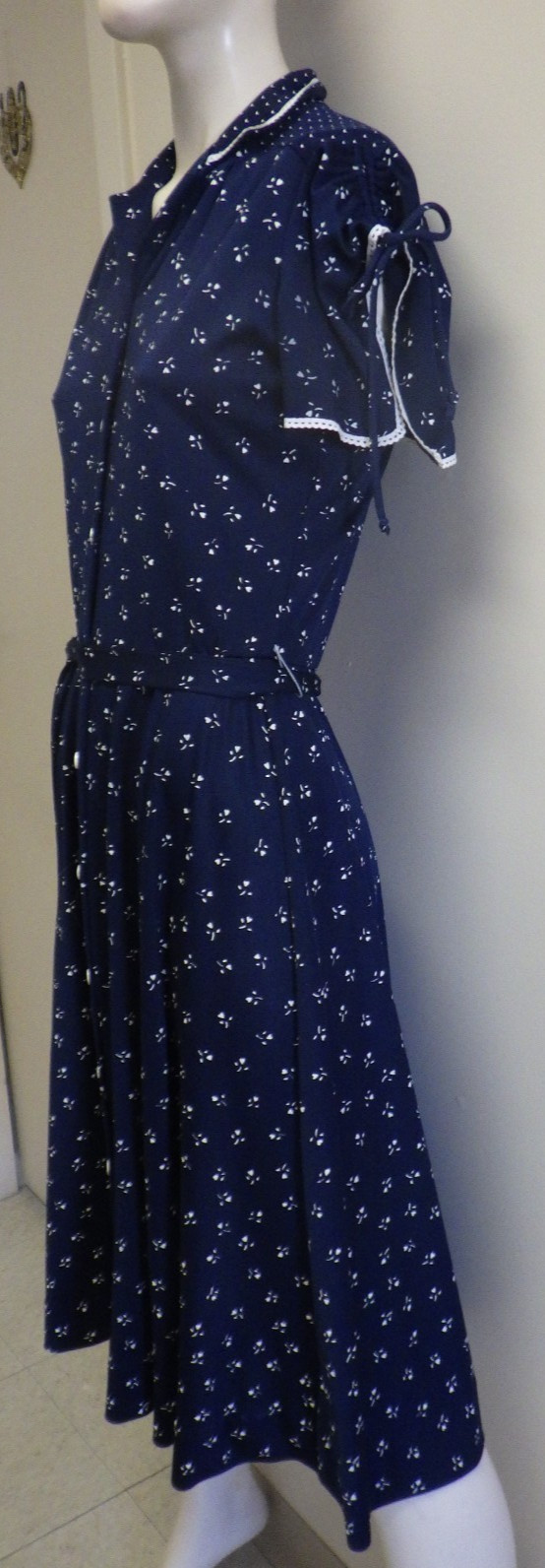 Vintage 70s 80s Boho Blue Shirtdress S Button Up Cap Sleeve Fit Flare Retro