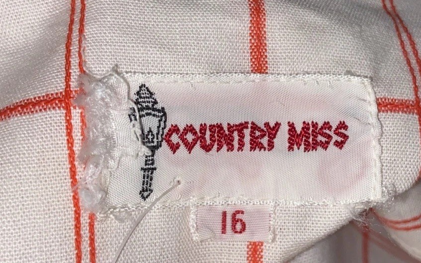 Vintage Retro Country Miss 1970’s Sleeveless White Cotton Orange Plaid Dress 16