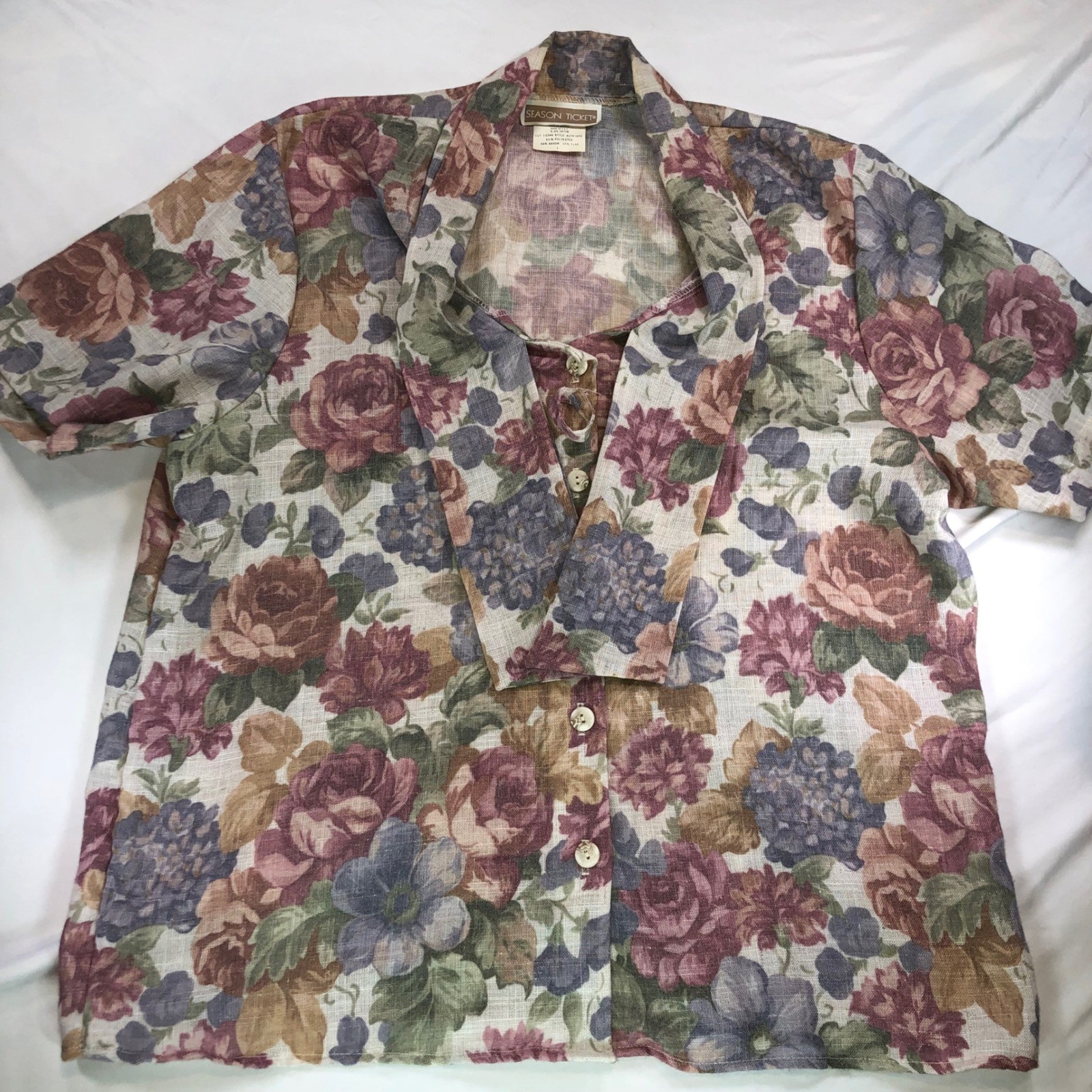 Vintage Season Ticket Floral Tapestry Blouse Short Sleeve Linen Blend Large USA