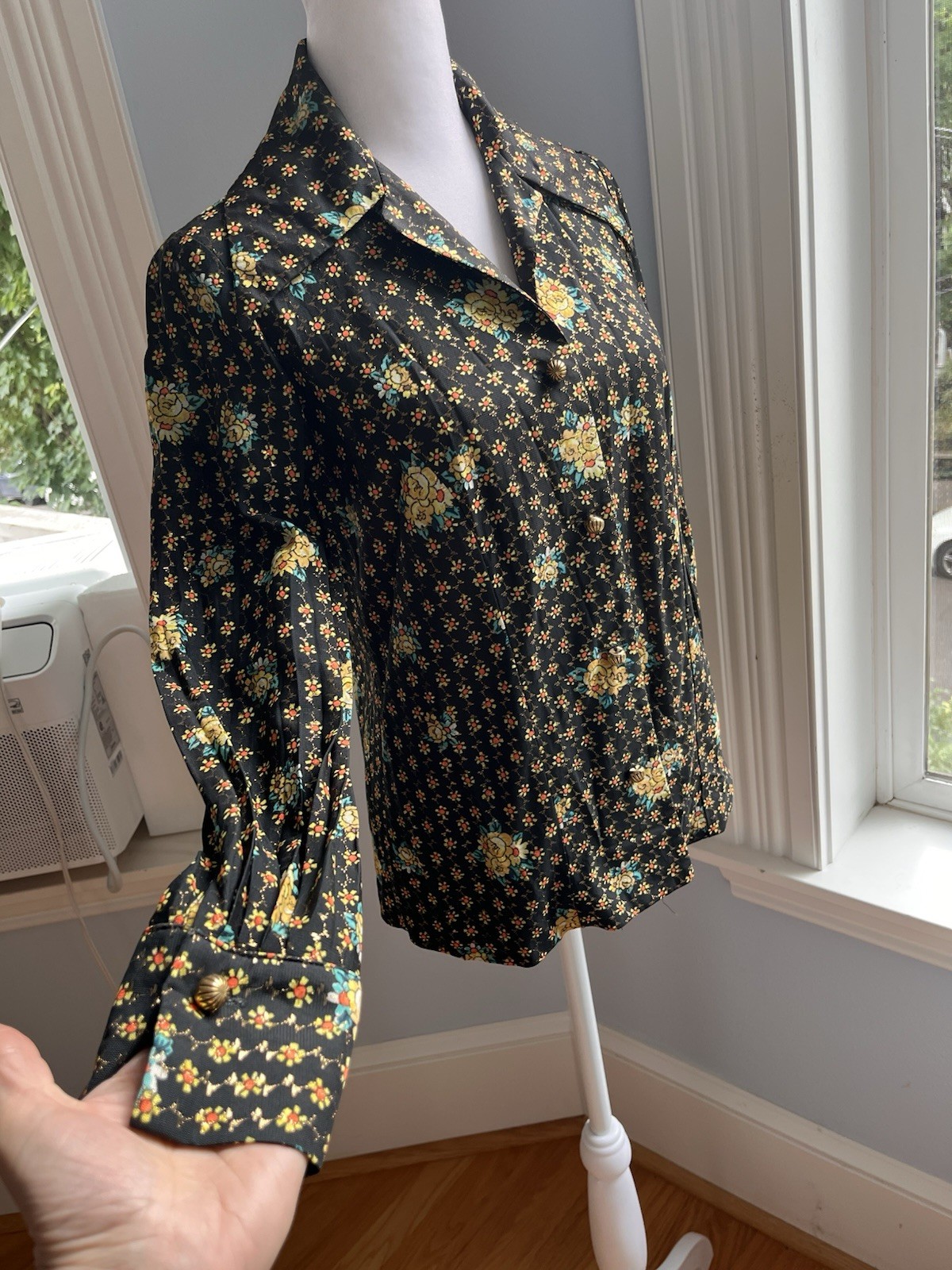Vintage 70s Psychedelic Metallic Lurex Disco Blouse Mod Gold Floral Shirt Small