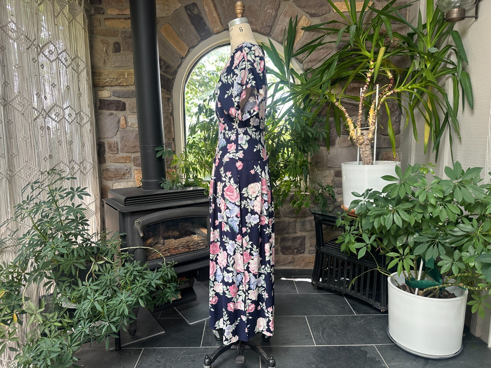 Vintage 1980s Does 1940s Navy Blue and Pink Floral Rayon Drop Waist Dress