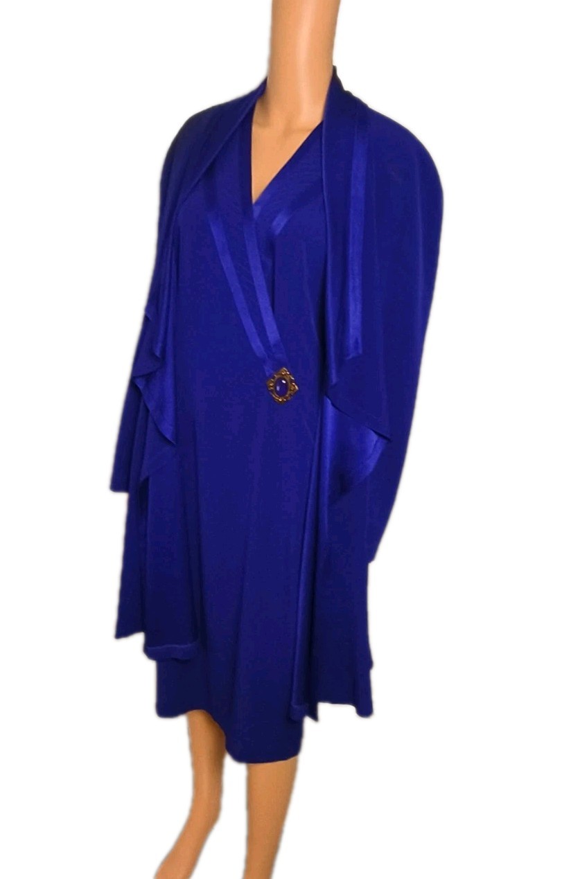 Vintage 80s Daymor Couture Royal Blue Dress w Draped Shawl Size 8 Gold Brooch 44