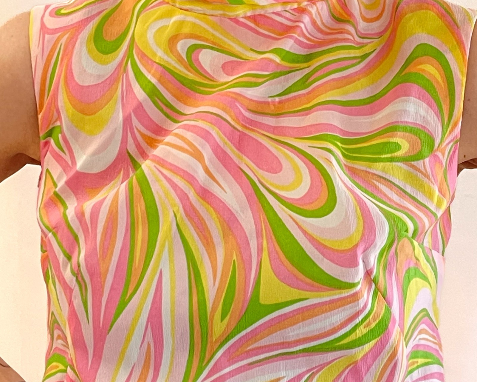 1960s Homemade Mod A-Line Midi Dress Psychedelic Print Tie-Back Collar