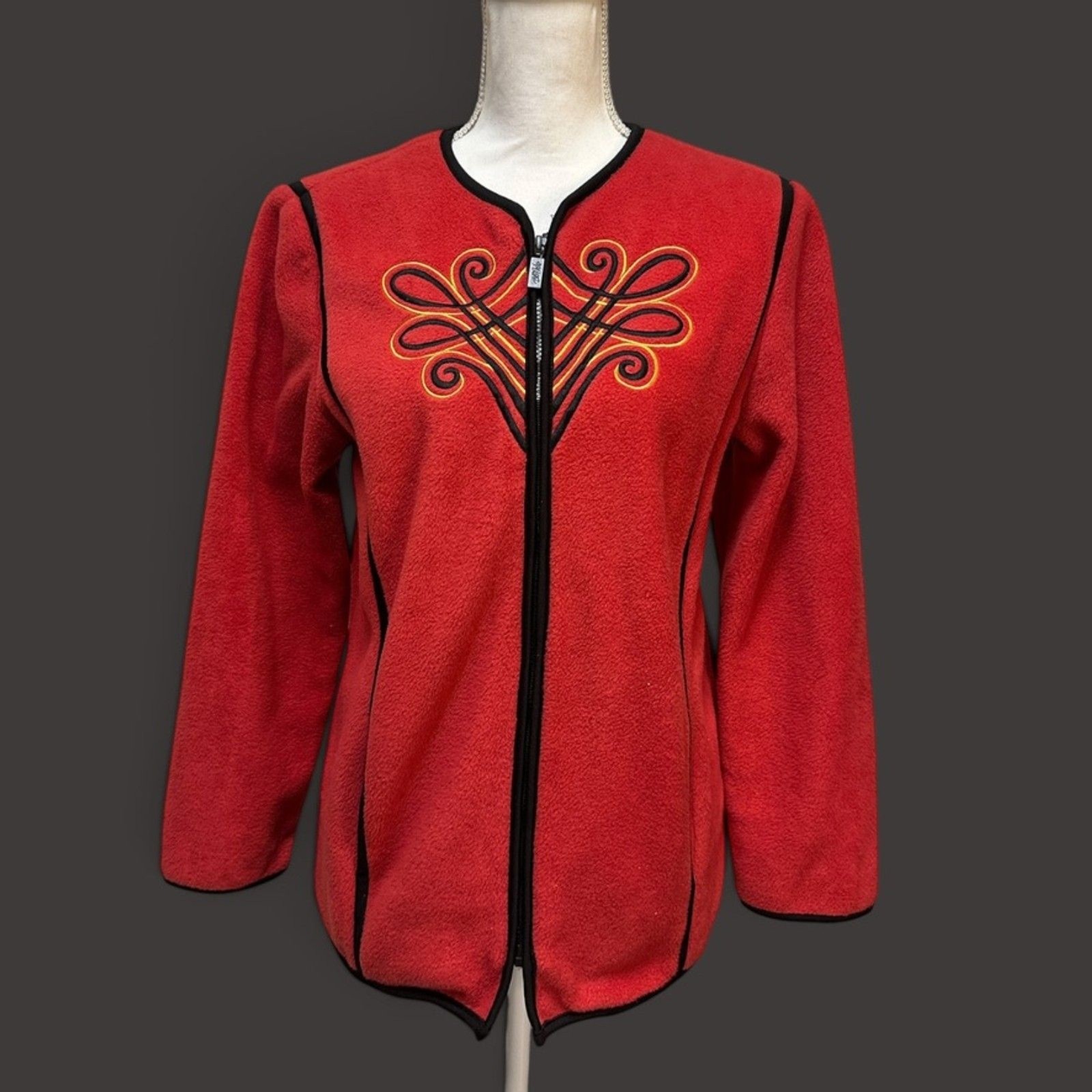 Bob Mackie Wearable Art Fleece Jacket XS Red Embroidered Zip Up Southwestern