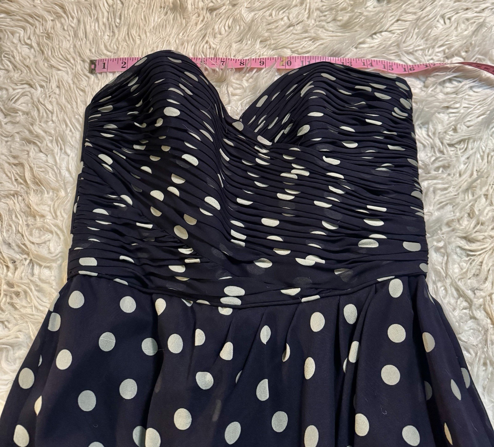 Vtg Kathryn Conover Polka Dot Navy Blue Strapless Bustier Silk Dress Ruched S M