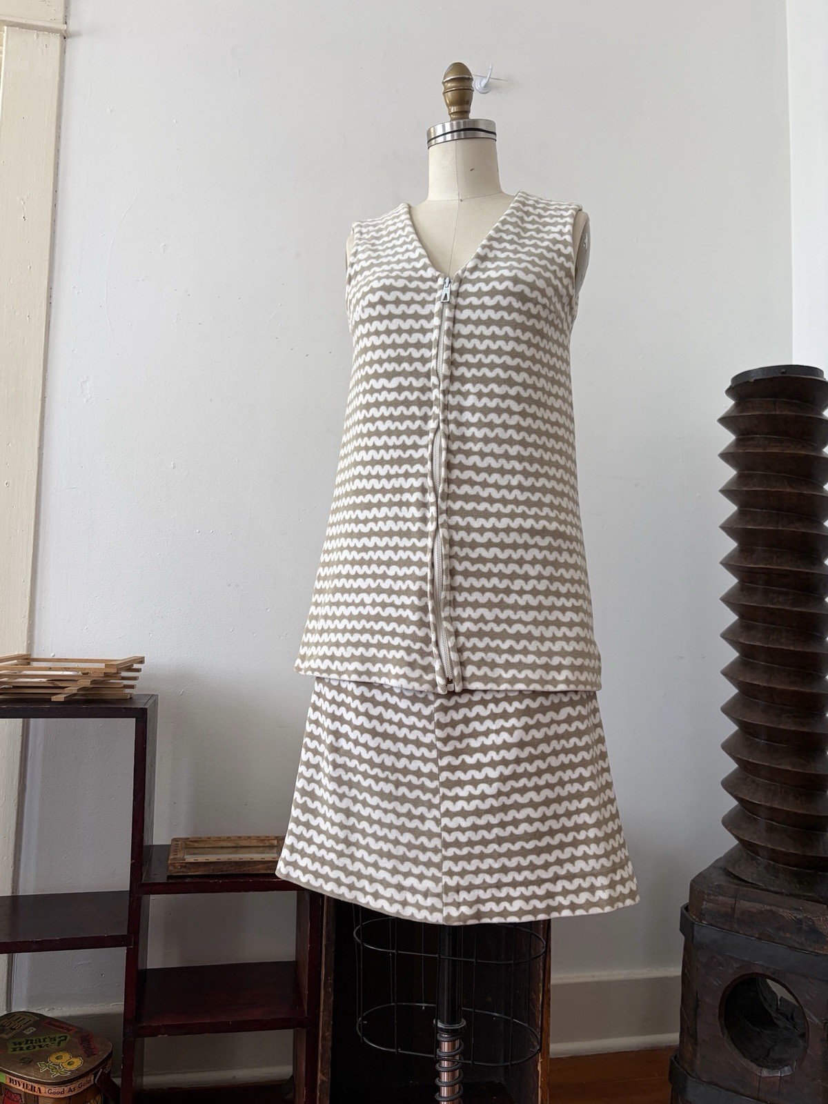 Rare VTG 60s Marimekko Finland Mod Velour Cotton Wave Print Set Tunic Top Skirt
