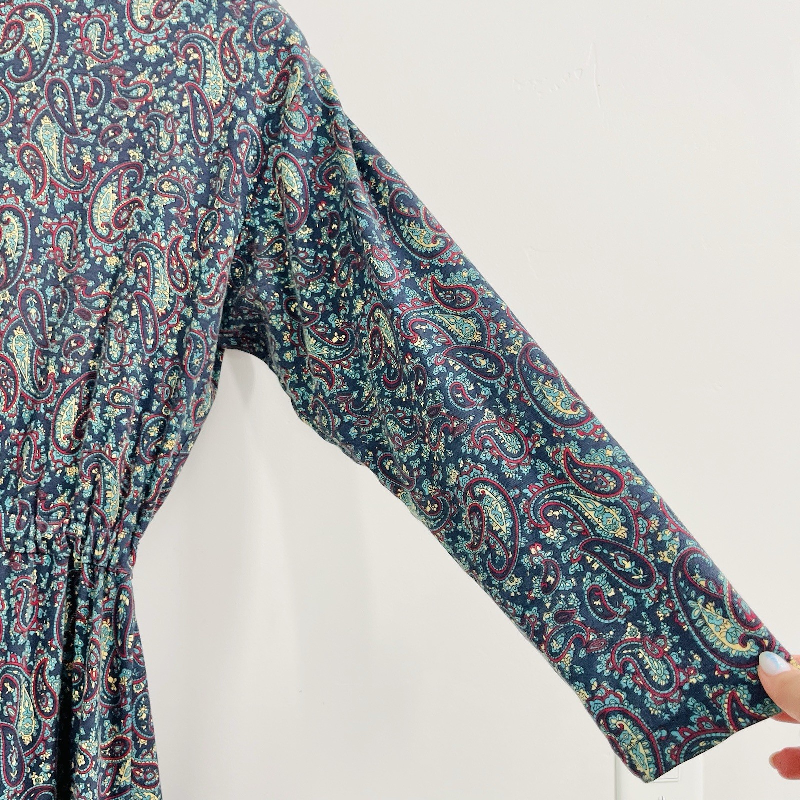 Vintage 90s Fads Paisley Turtleneck Long Sleeve Full Length Dress Blue Sz Large