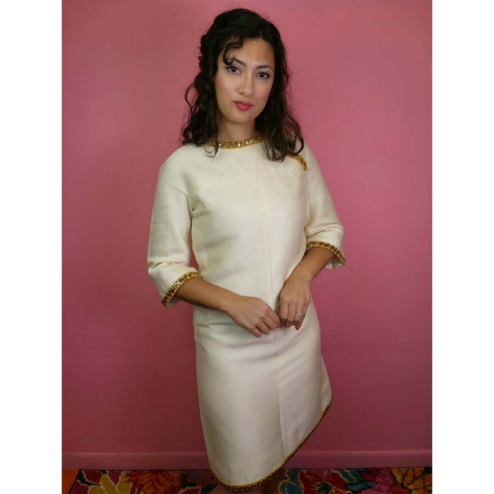 Vintage 1960’s Champagne Cream Gold Cord Trim Rhinestone Shift Dress I. Magnin
