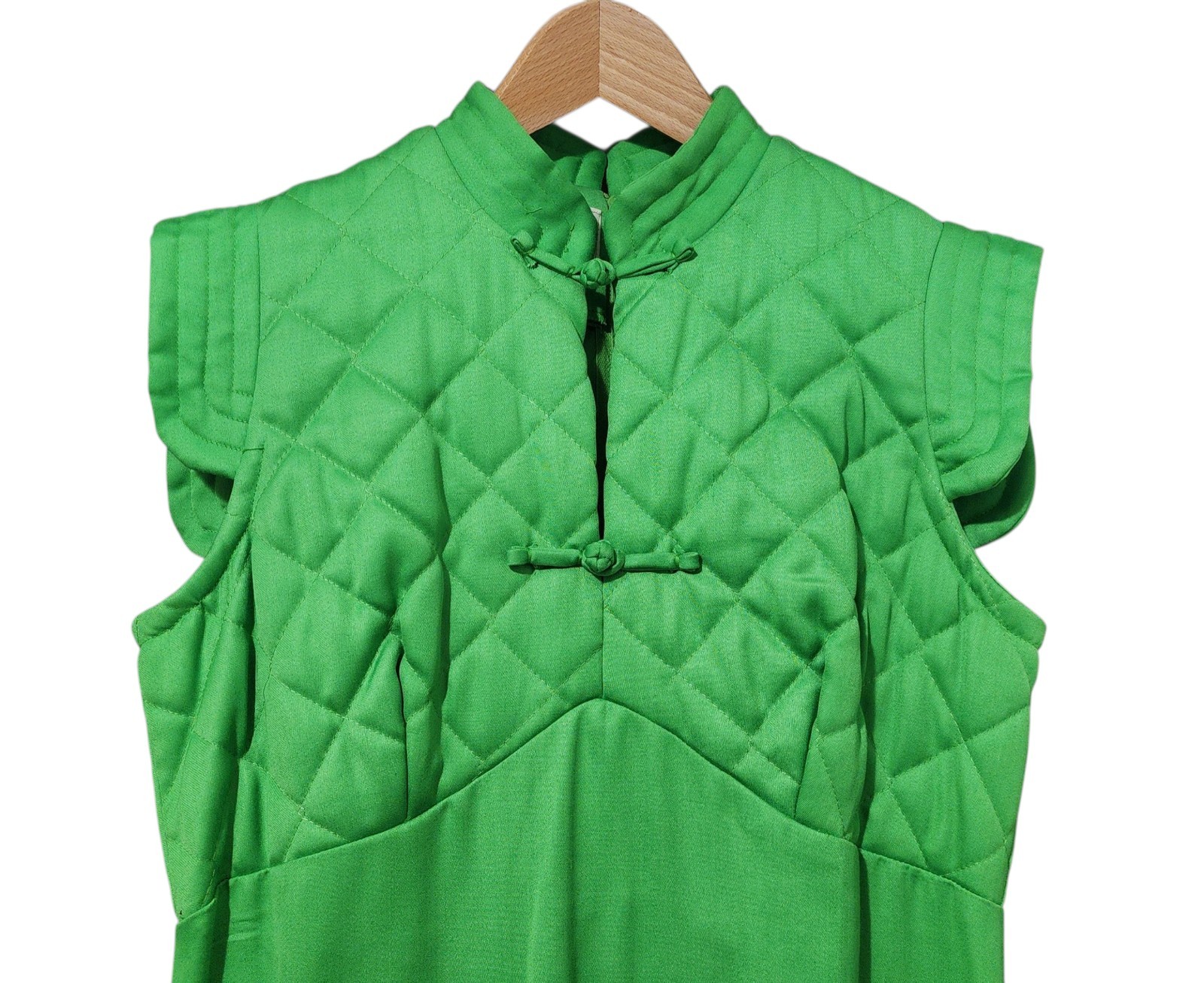 Vintage Miss K by Alfred Shaheen Green Quilted Mandarin Collar Maxi Dress