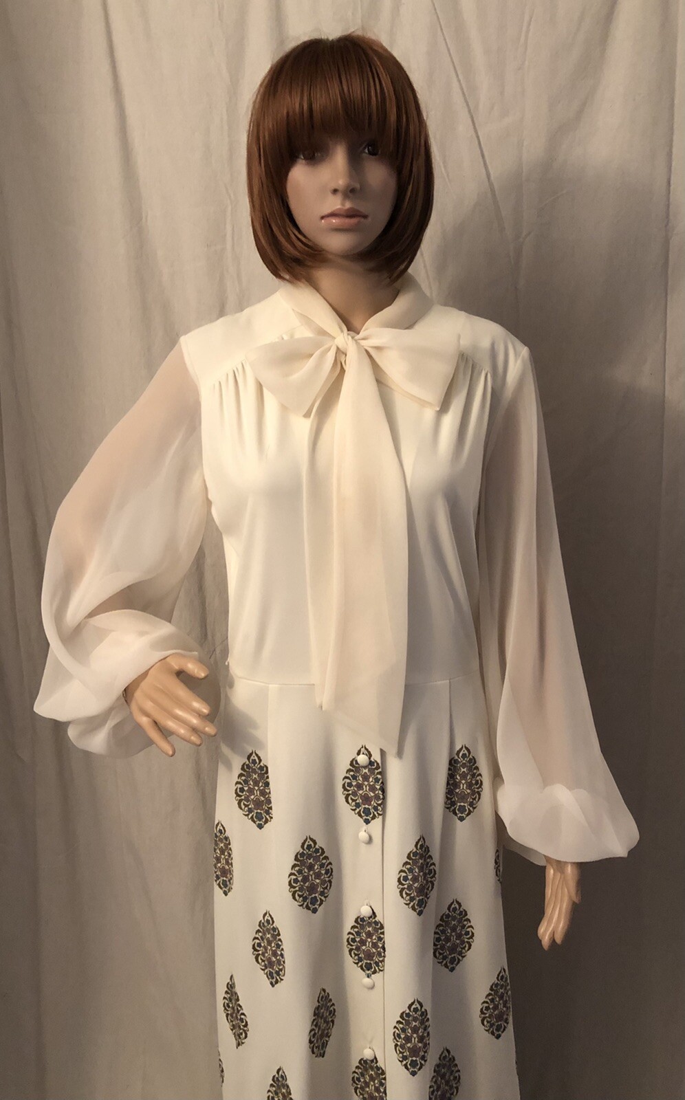 Vintage 1970s Alfred Shaheen Maxi Dress Pussy Bow Button Down Front Tag Size 14