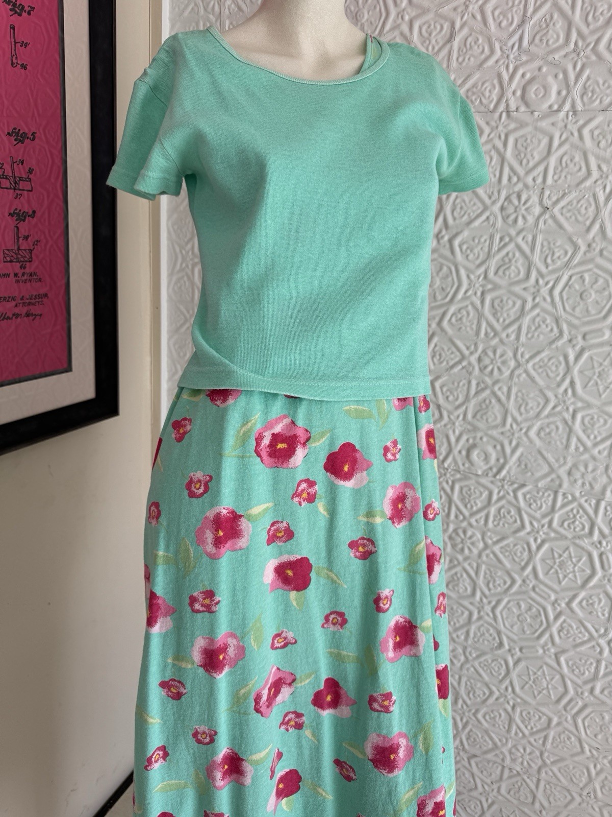 Vintage 1990s Dress Set-Knit-Floral-Spring-Cottage Green Pink-T Shirt-Tank-M