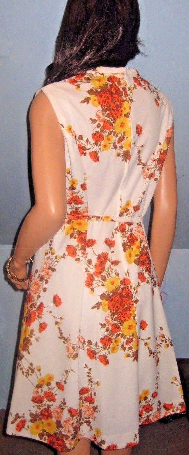 VINTAGE~60’S~ORANGE~YELLOW~FLORAL BOUQUET~MOD FIT & FLARE DRESS SZ L/ XL!