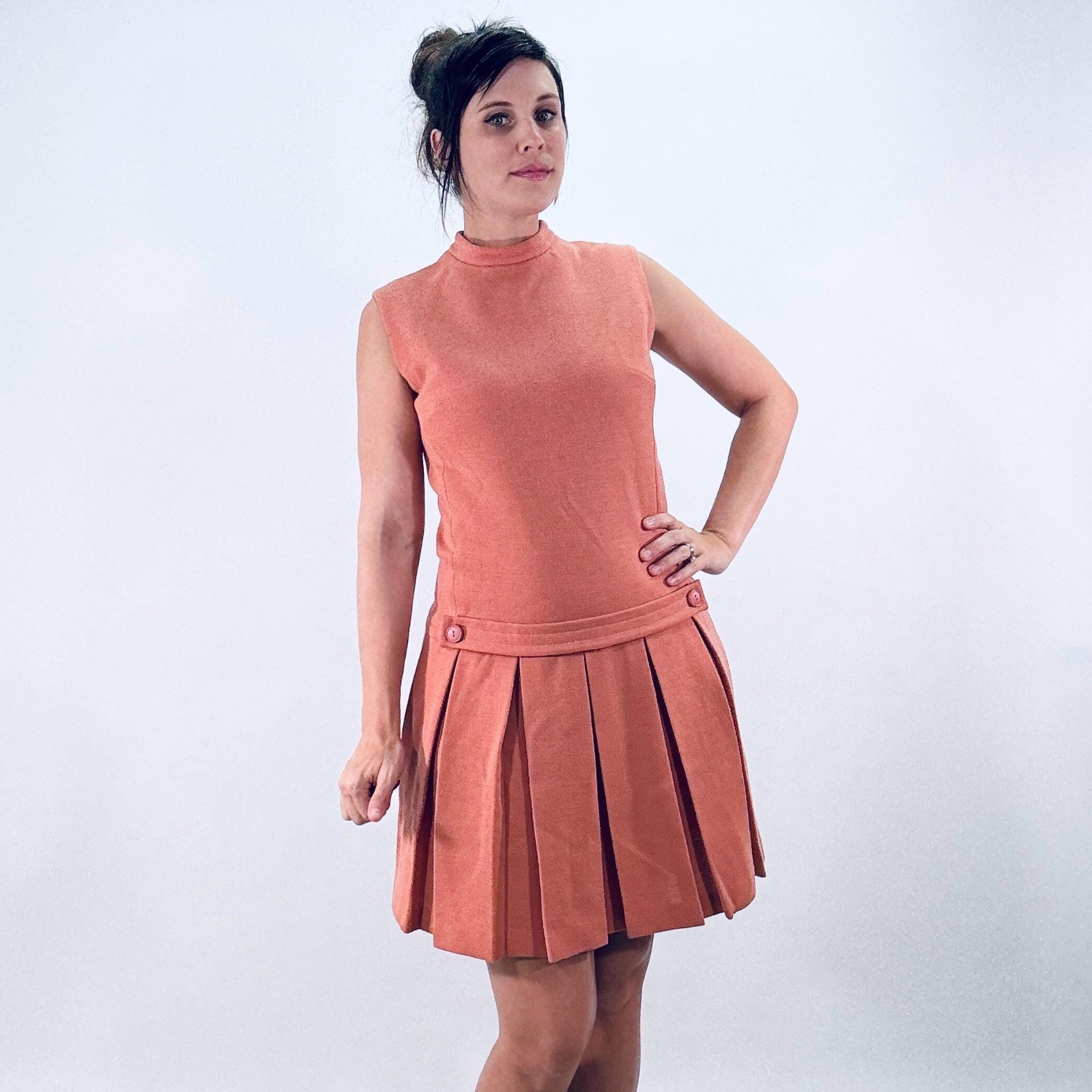 Vintage 60s 70s Dress S/M Pink Knit Drop-Waist Pleated Mini Preppy Mod