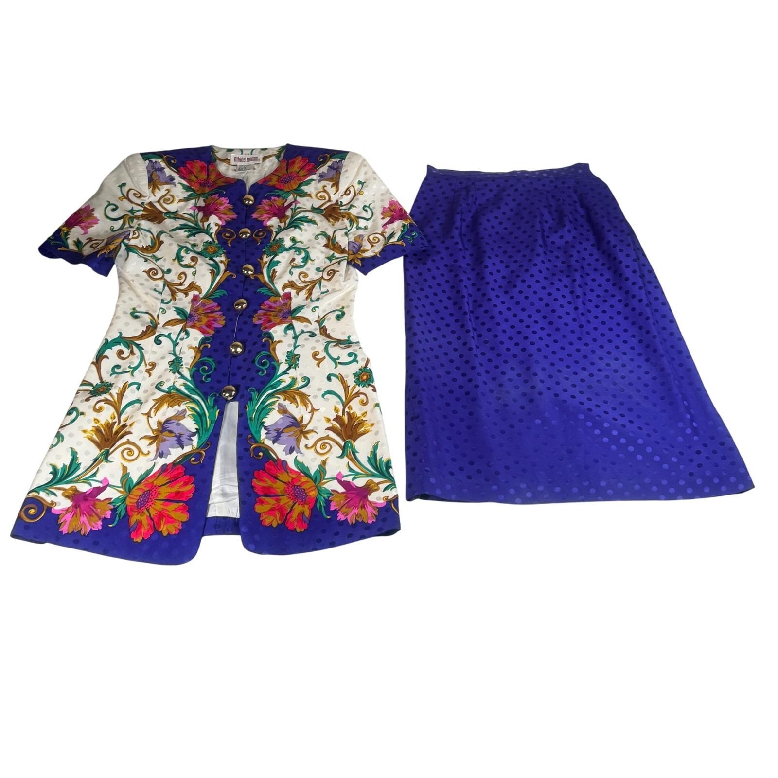 Maggy London Vintage 100% Silk Floral Baroque Polka Dot Skirt Suit Purple Size 4
